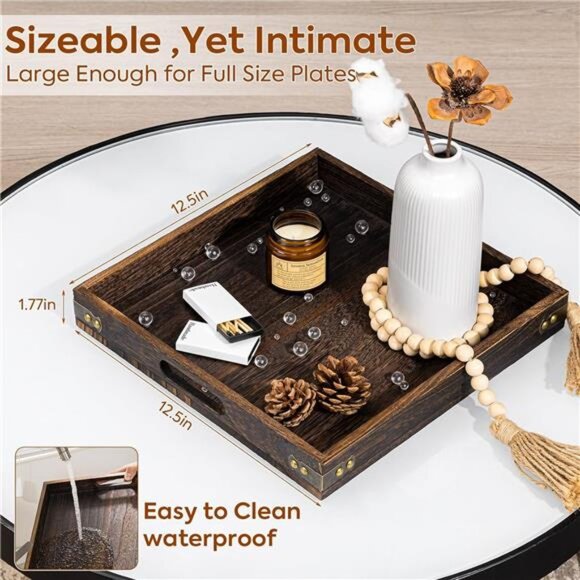 Wood serving tray with handles square decorative coffee table ottoman kitchen tr - Picture 3 of 7